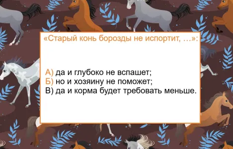 Какое продолжение у пословицы «Старый конь борозды не испортит, …» — знаете? Головоломка для самых умных