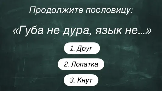 Какое продолжение у пословицы «Губа не дура, язык не…»? Выберите правильный ответ из 3 вариантов